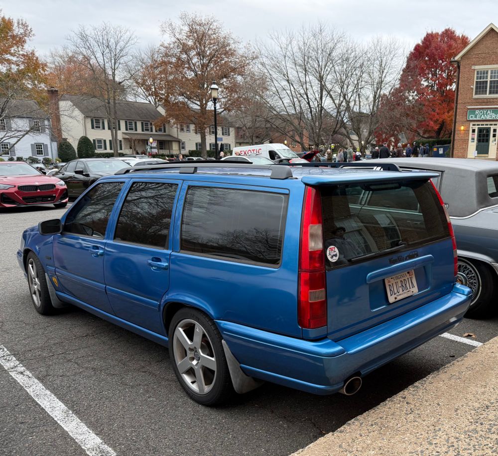 Blue Volvo wagon with moose shields 