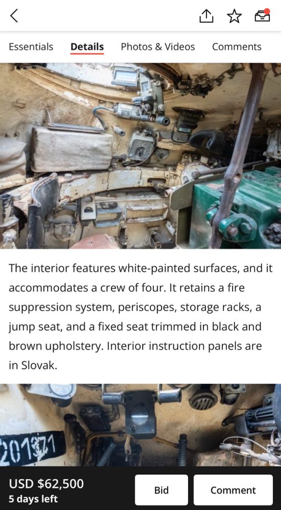 Essentials
Details
Photos & Videos
Comments
The interior features white-painted surfaces, and it accommodates a crew of four. It retains a fire suppression system, periscopes, storage racks, a jump seat, and a fixed seat trimmed in black and brown upholstery. Interior instruction panels are in Slovak.
2010