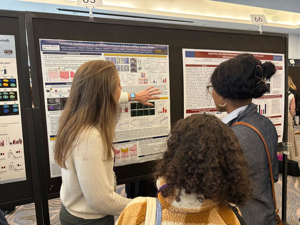 Dr Nicole Scheff presents research poster entitled "Temporal characterization of radiation-induced oral pain using a mouse model" to two conference attendees