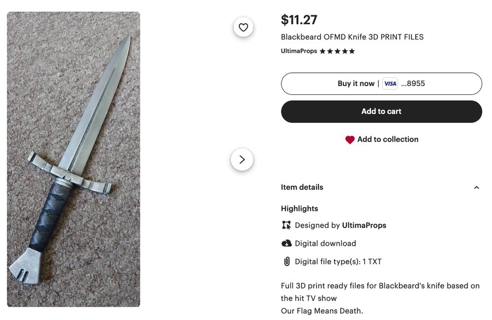 An Etsy listing of 3D print files for Ed's knife from OFMD. A silver dagger with black leather-wrapped handle is shown.