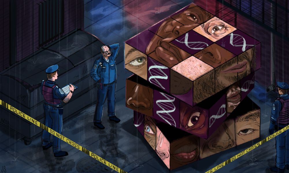 An illustration of police officers standing in a dark alley at night in the rain staring at Rubix cube where all the squares are facial features or DNA strands