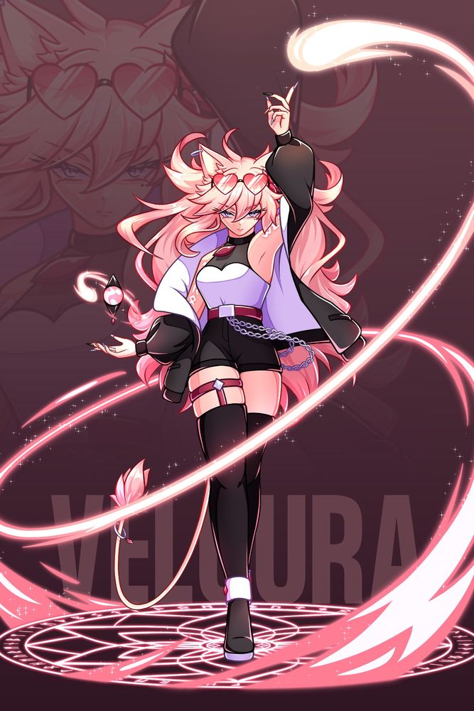 Another full body illustration of my original character, Veloura, in an older design. The crystal orb hovers over the palm of her hand as her other hand weaves magic around her.