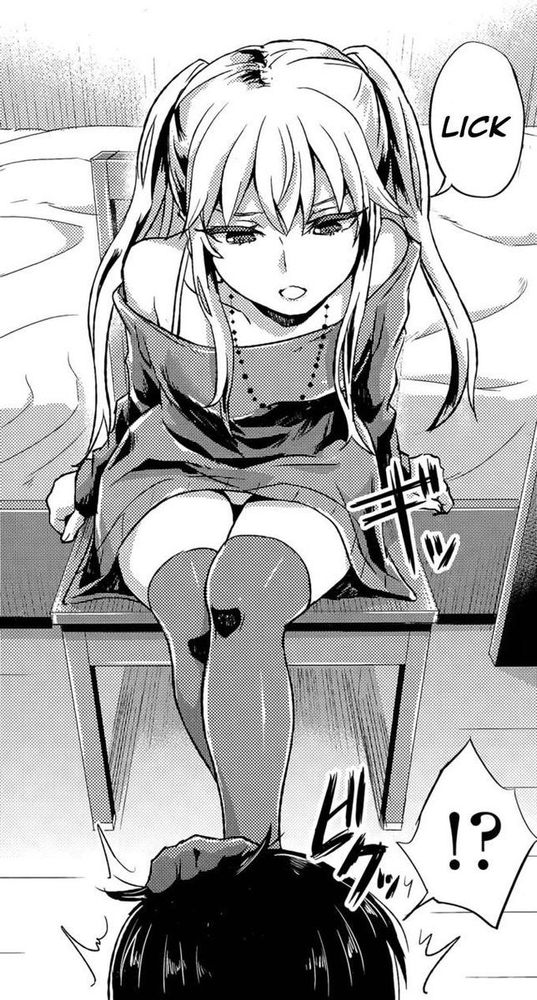 A doujin panel in black and white. Art of a light-haired woman wearing a revealing outfit and tight, opaque stockings. Her stockinged foot is pressed into someone's face slightly offscreen. They have a surprised emote, and she is looking at them with lidded eyes, saying "Lick."