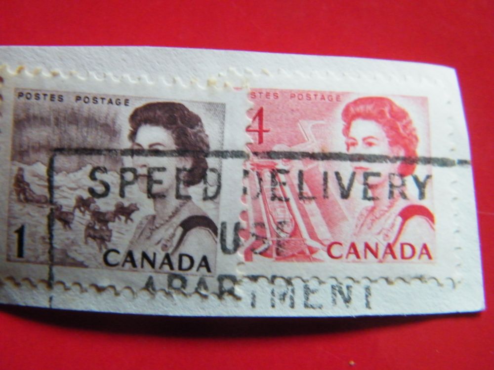 Canadian stamps 454 and 457 on piece with "speed delivery use apartment number" cancel. 