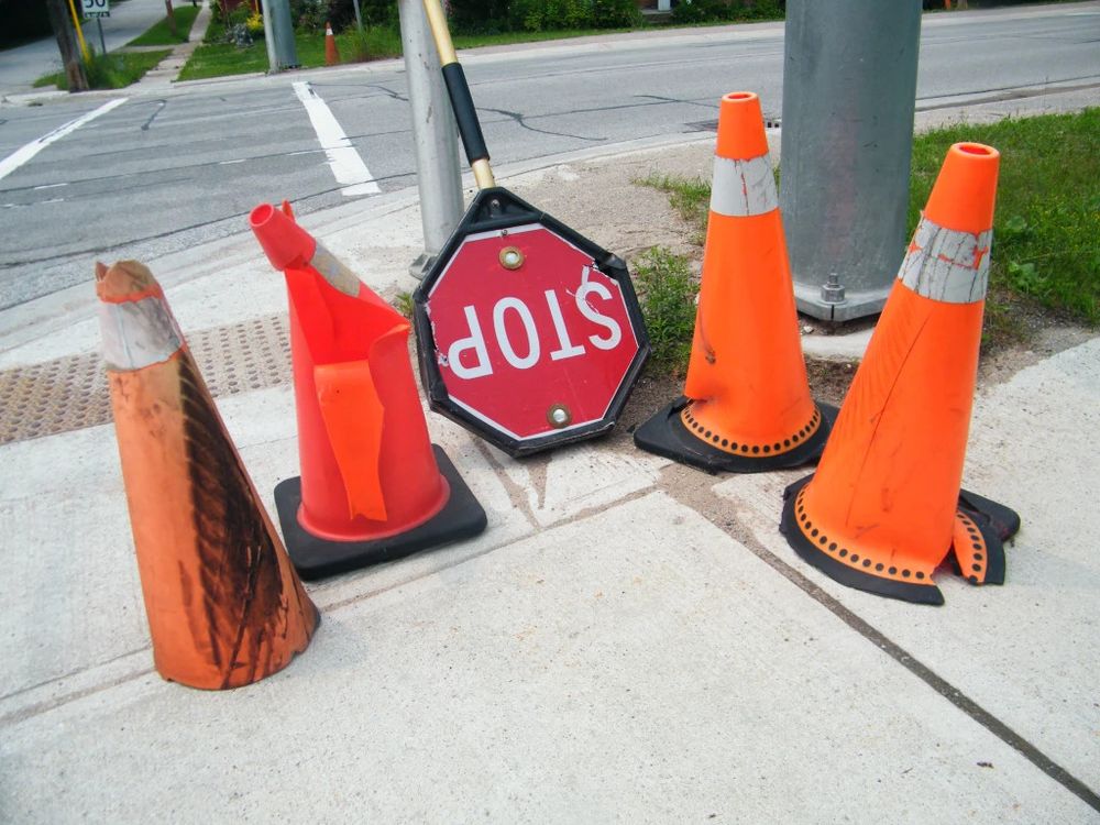 Traffic cones beside my crosswalk on Highway 93 in Hillsdale. 