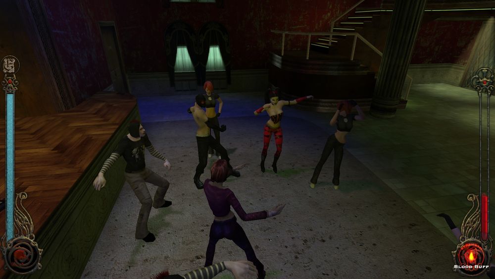 a screenshot from vampire the masquerade bloodlines of a toreador pc and 4 goth npcs dancing in a goth club while 1 npc stands at the back watching 