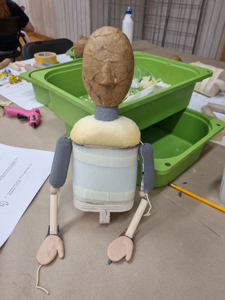 my puppet in progress: head, neck, torso, arms and hands assembled