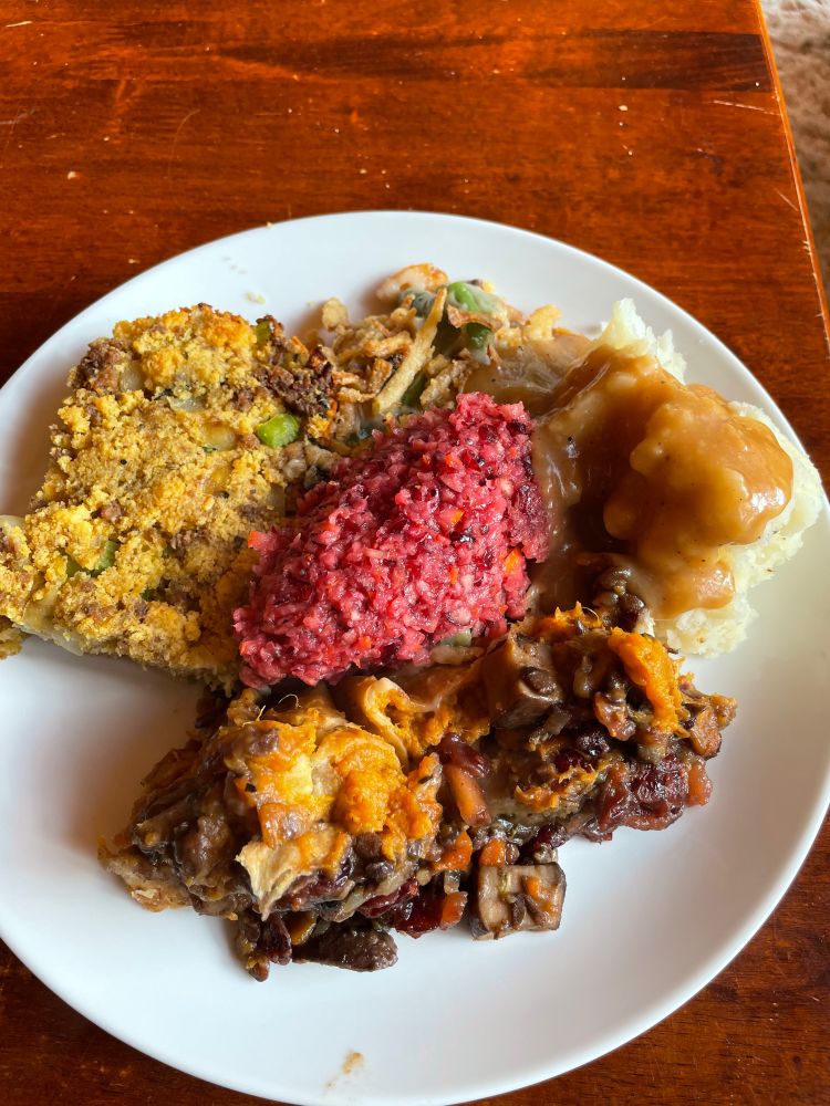 Vegetarian roast, impossible sausage/sage/cornbread stuffing, classic green bean casserole, apple/orange/cran relish, and mashed potatoes with vegan gravy