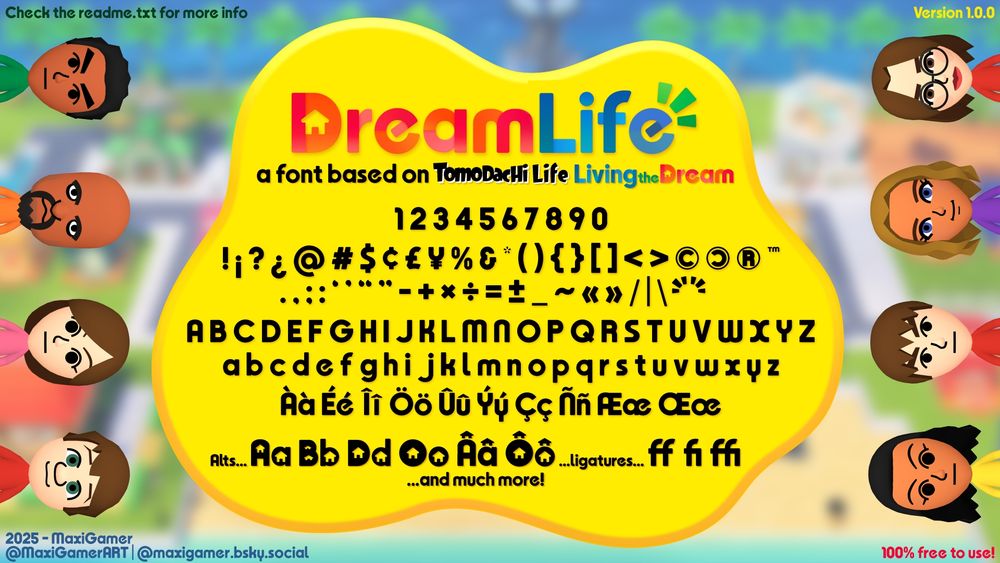 Preview image for the DreamLife font with glyphs displayed on a yellow background with Mii characters surrounding it on each side.