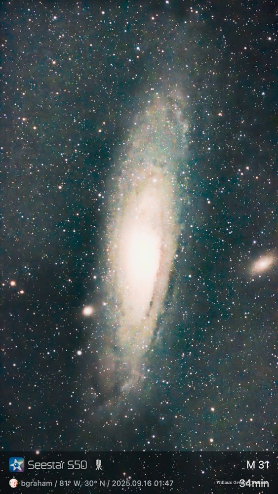 Edited photo of the Andromeda and two other galaxies: M31, M32, and M110, taken and processed by Bill Graham, 9/16/2025