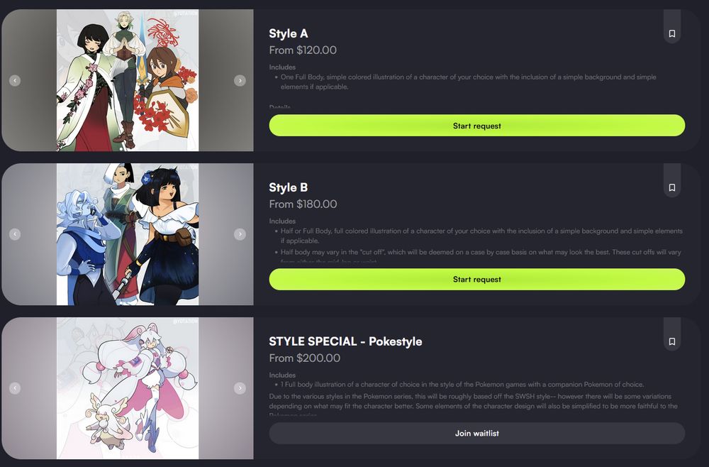 All prices are in USD.

Style A - Flat color illustration, full body - $120
Style B - Rendered color illustration, full body - $180
Style Special - Pokemon Styled Illustration - $200 - Waitlist only