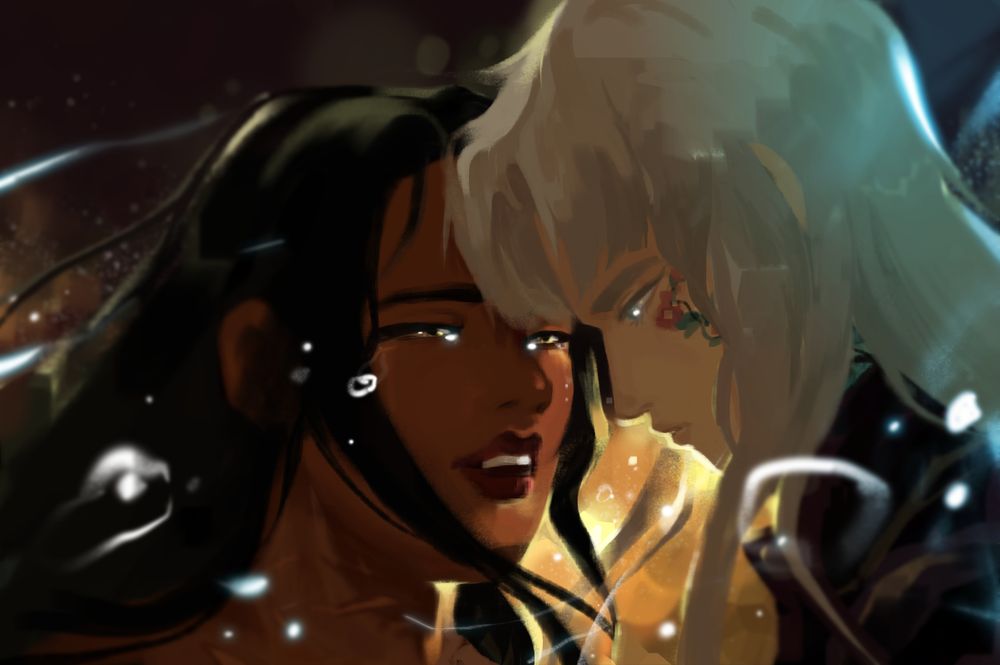 painterly illustration of two women - a dark skinned woman with long, flowing black hair on the left, and a pale, silver-haired woman with intricate facial tattoos on her face on the right. They're sharing an intimate moment in a sea of golden lights in the evening.