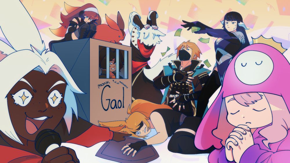A splash page featuring eight FFXIV player characters mimicking a meme. From the left, front most side is a dark skinned Viera with white hair excitedly pointing and announcing the scene of her falling teammates. The right, front most side is a lalafell girl in Fall Guys gear praying for a miracle. In the midground is a cardboard box jail with the label: "Gaol" with smaller labels "monk" and "masochist" pointing at the prisoner. The prisoner is a dark haired, tan viera man looking at everything in exasperation and disgust. On top of the jail is a red haired Xaela Au'ra girl crouching and looking at the chaotic scene with her chunky red Carbuncle. In the background are three characters.

The leftmost character is a white haired Mi'qote man in bard gear clutching his head in despair. The middle character is an orange haired Hyur Samurai man kneeling in a shower of money, with a Raen Au'ra girl in Dark Knight gear being the source of the money.

In the middle of all the chaos is an orange-haired viera woman with an eyepatch laying in shock with a paladin shield by her side.
