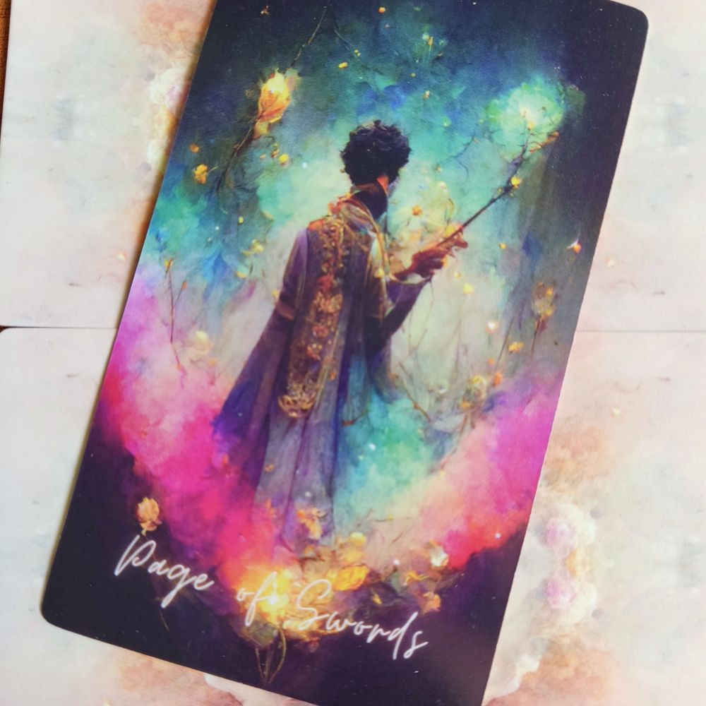 Carta valete de espada do tarot. Um rapaz com uma varinha com foto saindo da mão em um campo de flores e folhas com fumaça colorida. Suas vestes tem folhas de outono bordas.