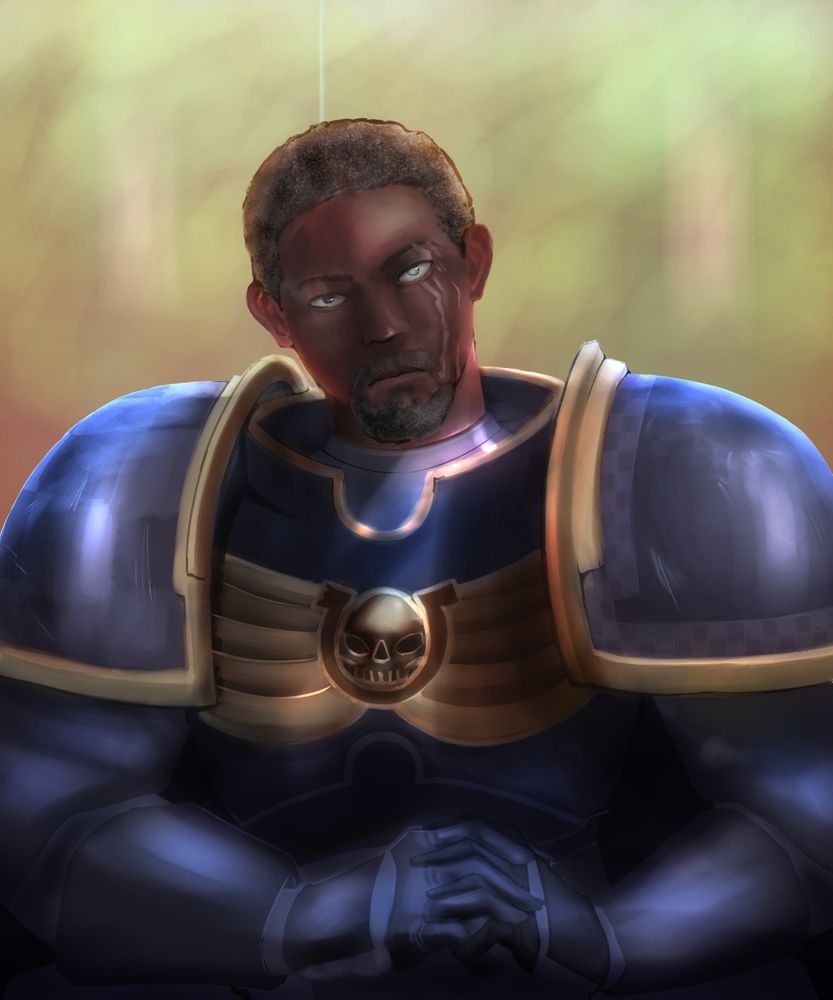 Painting of a space marine with his fingers locked together