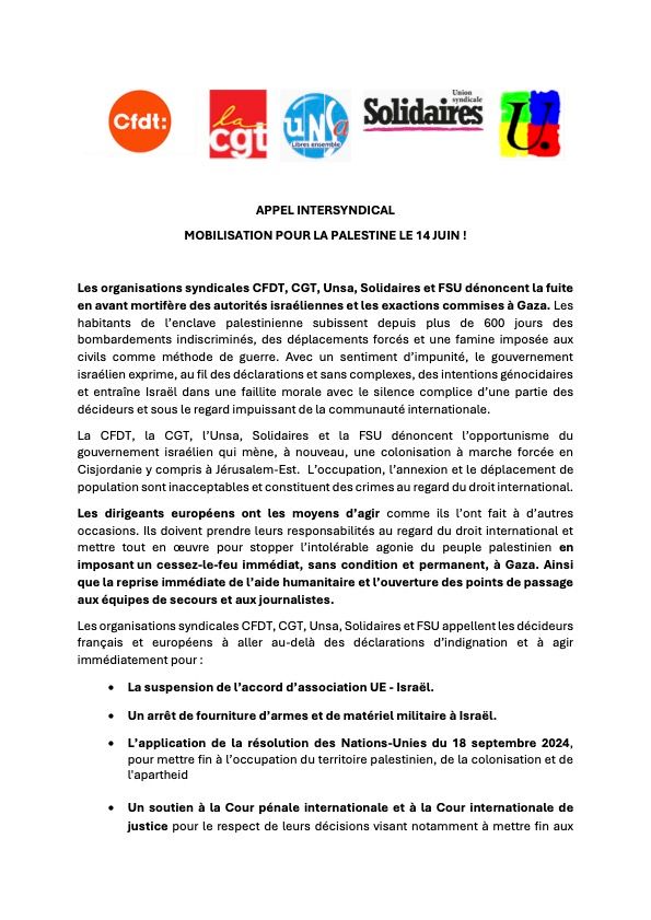 appel intersyndical - mobilisation pour la Palestine le 14 juin