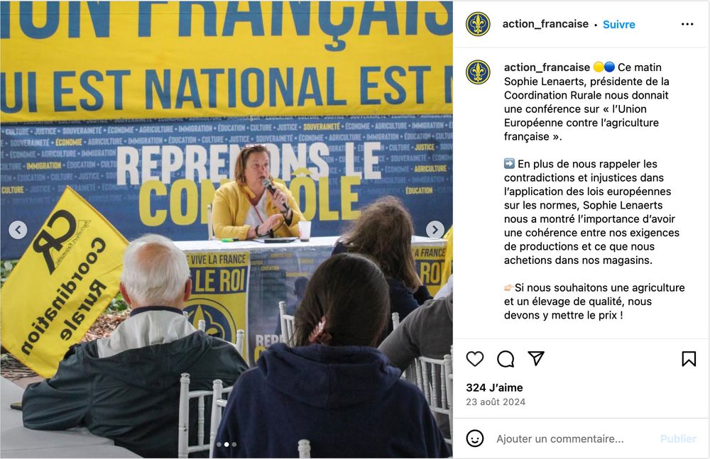 La vice-présidente de la Coordination Rurale, Sophie Lenaerts, participe à l’université d’été du mouvement royaliste Action française, le 23 août 2024.
Capture d’écran du compte Instagram de l’Action française

