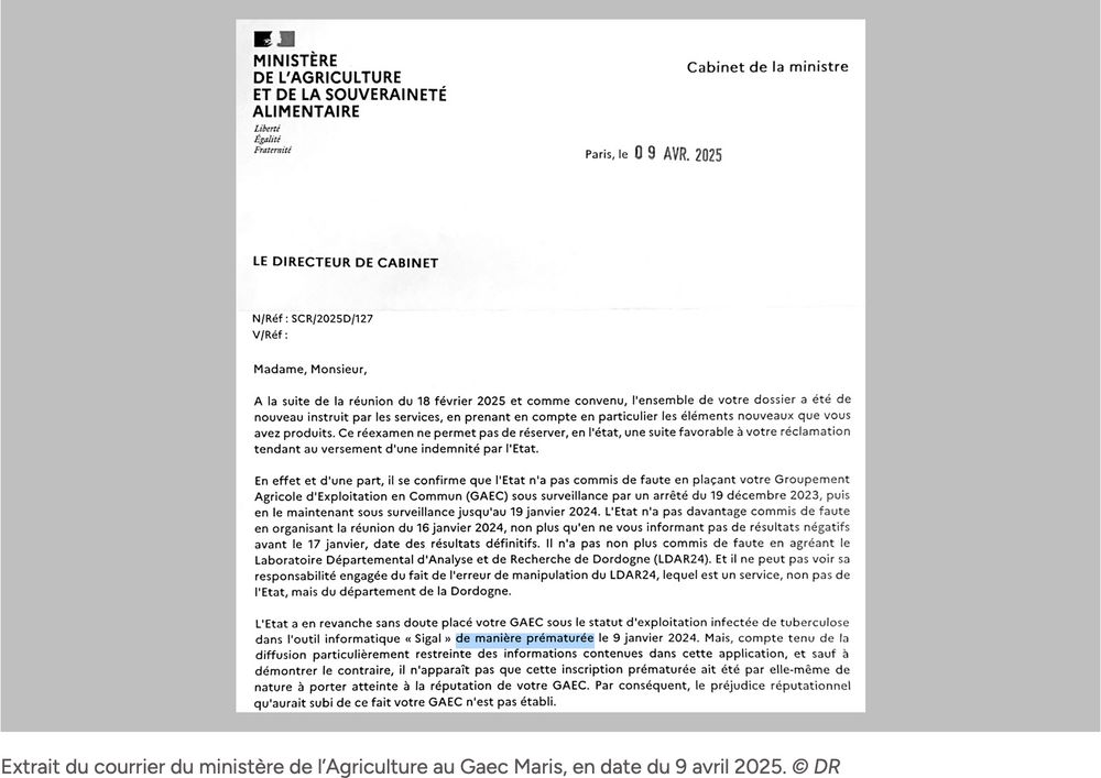 extrait du courrier du ministère de l'Agriculture au Gaec Maris en date du 9 avril 2025 où il reconnait avoir pris une décision "de manière prématurée" mais estime n'avoir "pas commis de faute"