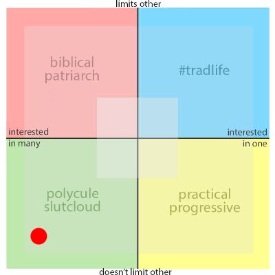 Nonmonogamy Compass results.

The chart is composed of two axes:
- horizontally: "interested in many" to "interested in one"
- vertically: "doesn't limit other" to "limits other"

The quadrants read:
- #tradlife (interested in one / limits other)
- biblical patriarch (interested in many / limits other)
- practical progressive (interested in one / doesn't limit other)
- polycule slutcloud (interested in many / doesn't limit other)

My point is deep in the "polycule slutcloud" quadrant.