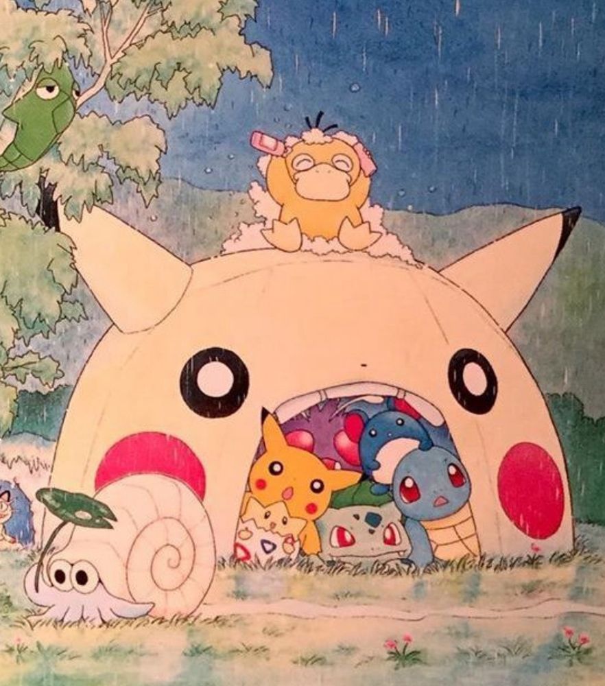 gen 1 pokemon art of a pikachu tent with a bunch of pokemon shoved in its mouth