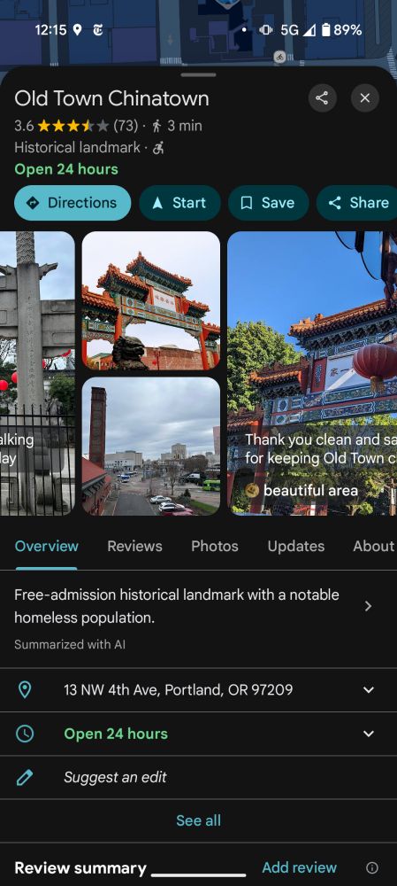 Screenshot of Google Maps listing for the Old Town Chinatown historical landmark in Portland OR. The overview reads: "Free-admission historical landmark with a notable homeless population."