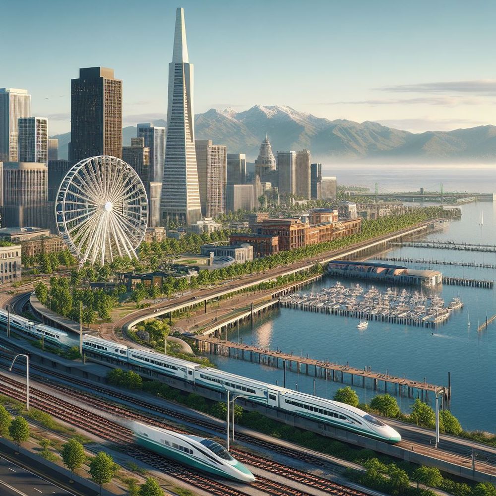 A futuristic representation of the San Francisco skyline with high speed trains and a ferris wheel according to DALL-E 3.