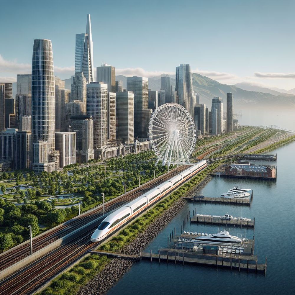 Another futuristic representation of the San Francisco skyline with high speed trains and a ferris wheel according to DALL-E 3.