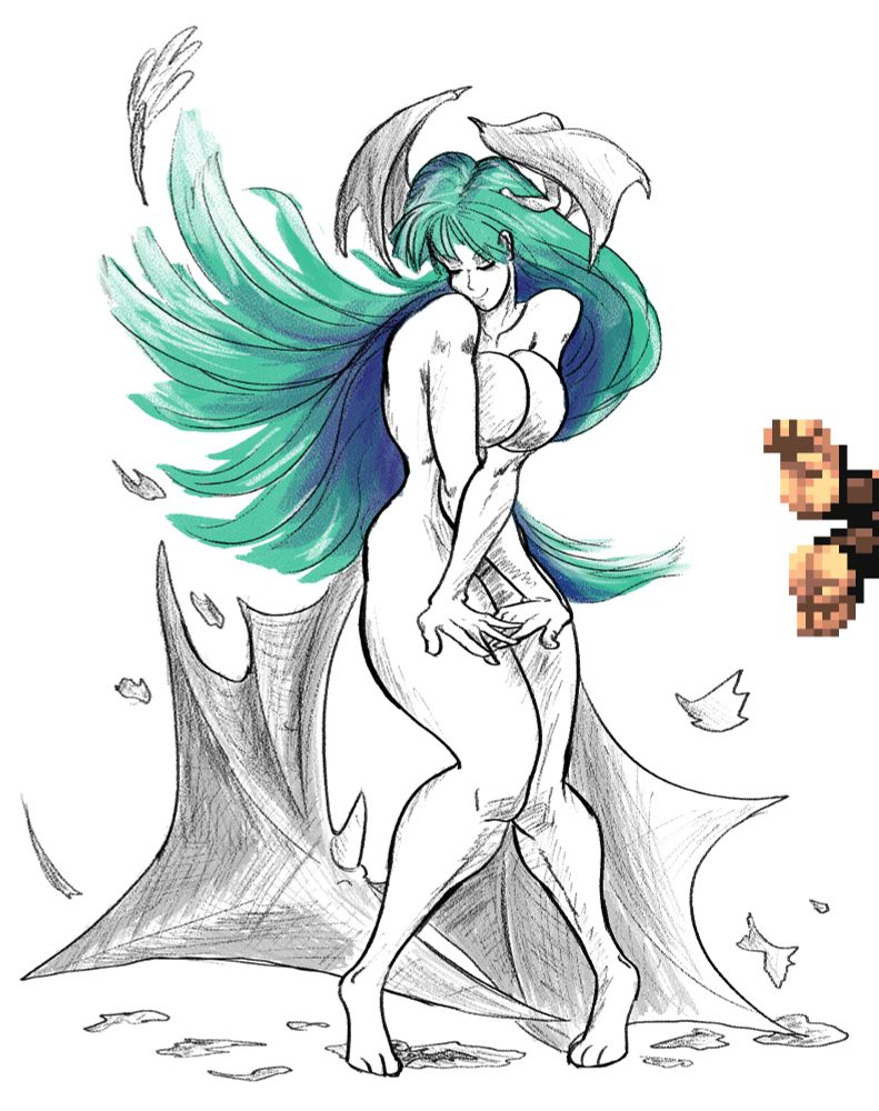 Morrigan Aensland doing a coy covering pose because all her clothes have been blown up