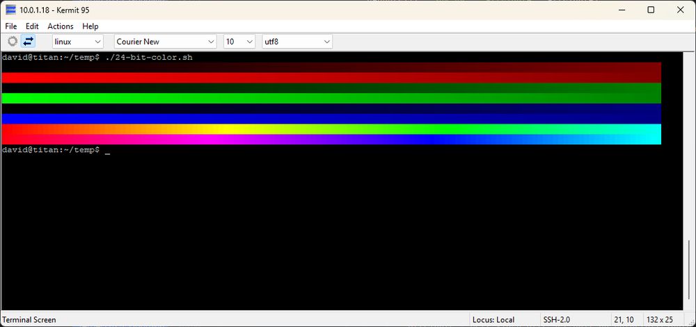 Kermit 95 running the 24-bit colour test script for the first time
