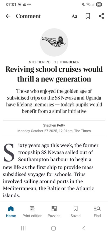 Article calling for the return of 'school cruises' where teachers presumably have to entertain a vomiting year group on a boat for several days. 