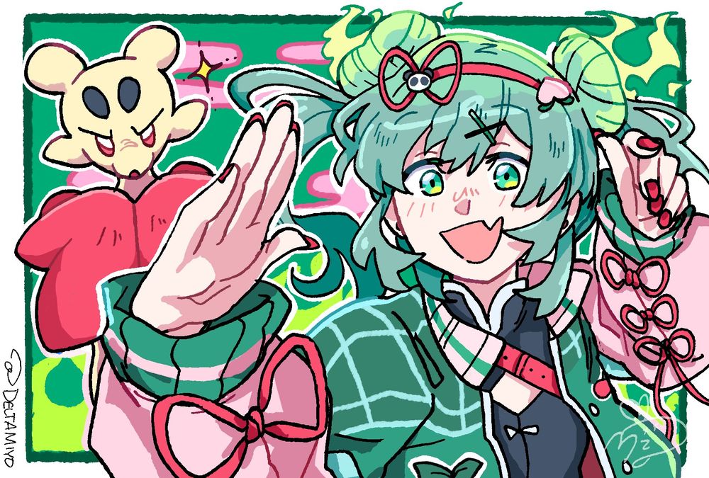 Fanart of Hatsune Miku's design from the MV Hao, by DECO*27.  This illustration also features the Pokemon Mienfoo, and was sold as a print at UCI ZotCon 2025.