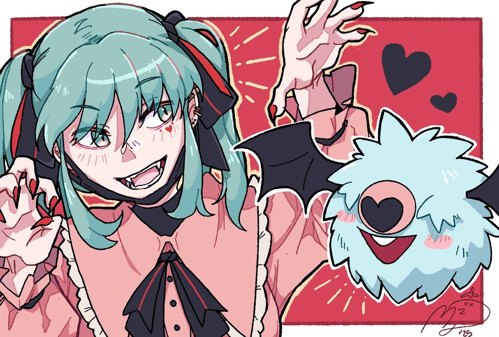 Digital Illustration of Hatsune Miku from the song "Vampire" by DECO*27, and the Pokemon woobat.  This illustration will also be a free print the artist will give out at Anime Impulse LA 2025!