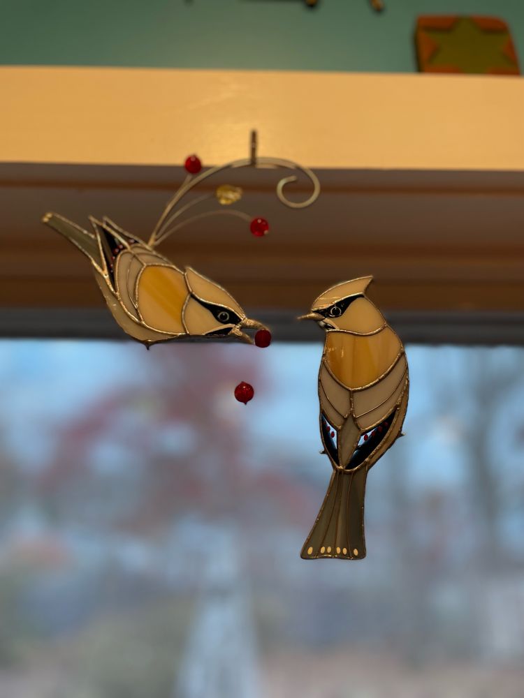 Stained glass depicting 2 Cedar Waxwing birds whose feathers are smooth and velvety looking. 