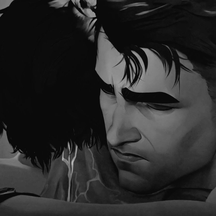Black and white picture of Jayce hugging Viktor after he fused with the hexcore and he recovered from his injuries.