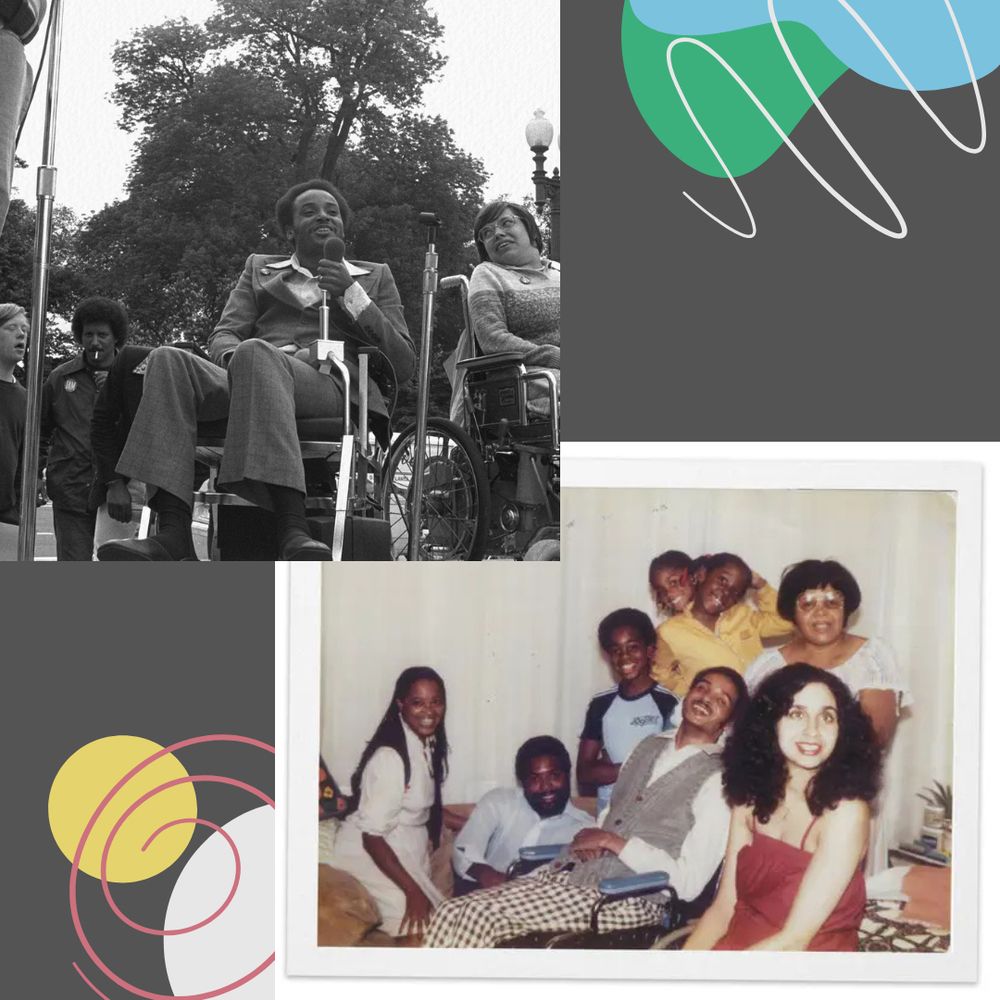 The background is charcoal gray. Graphics of curly lines and circles are at the top right and bottom left corners. They are faded red, yellow, white, blue, and green. A black and white photo at the top of the graphic shows a man in a suit in a wheelchair speaking into a microphone. A color photo at the bottom of the graphic shows a group of smiling people gathered around the same man in the wheelchair in front of white curtains.