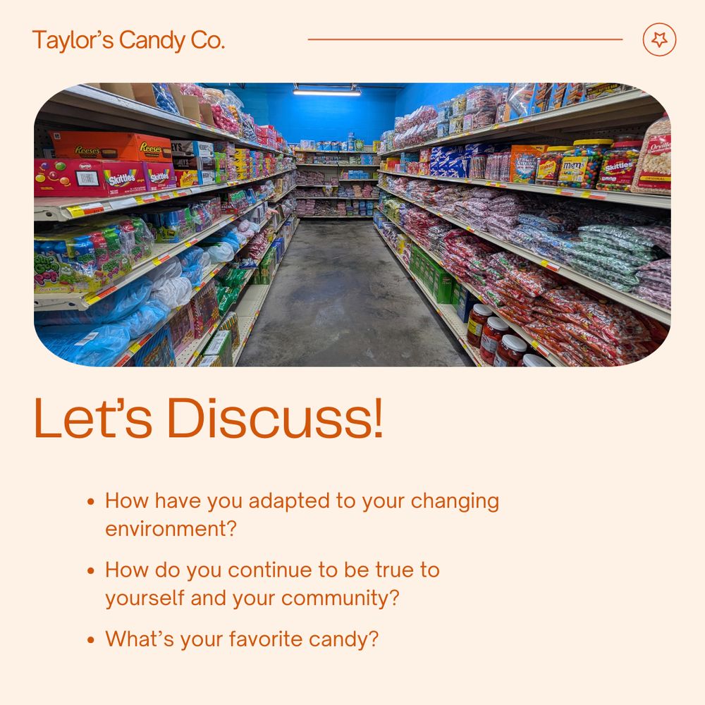 The background is off white with orange text reading "Let's Discuss How have you adapted to your changing environment? How do you continue to be true to yourself and your community? What’s your favorite candy?" Above, there is a photo of the store's interior, with bright blue walls and shelves filled with packages of candy and snacks.