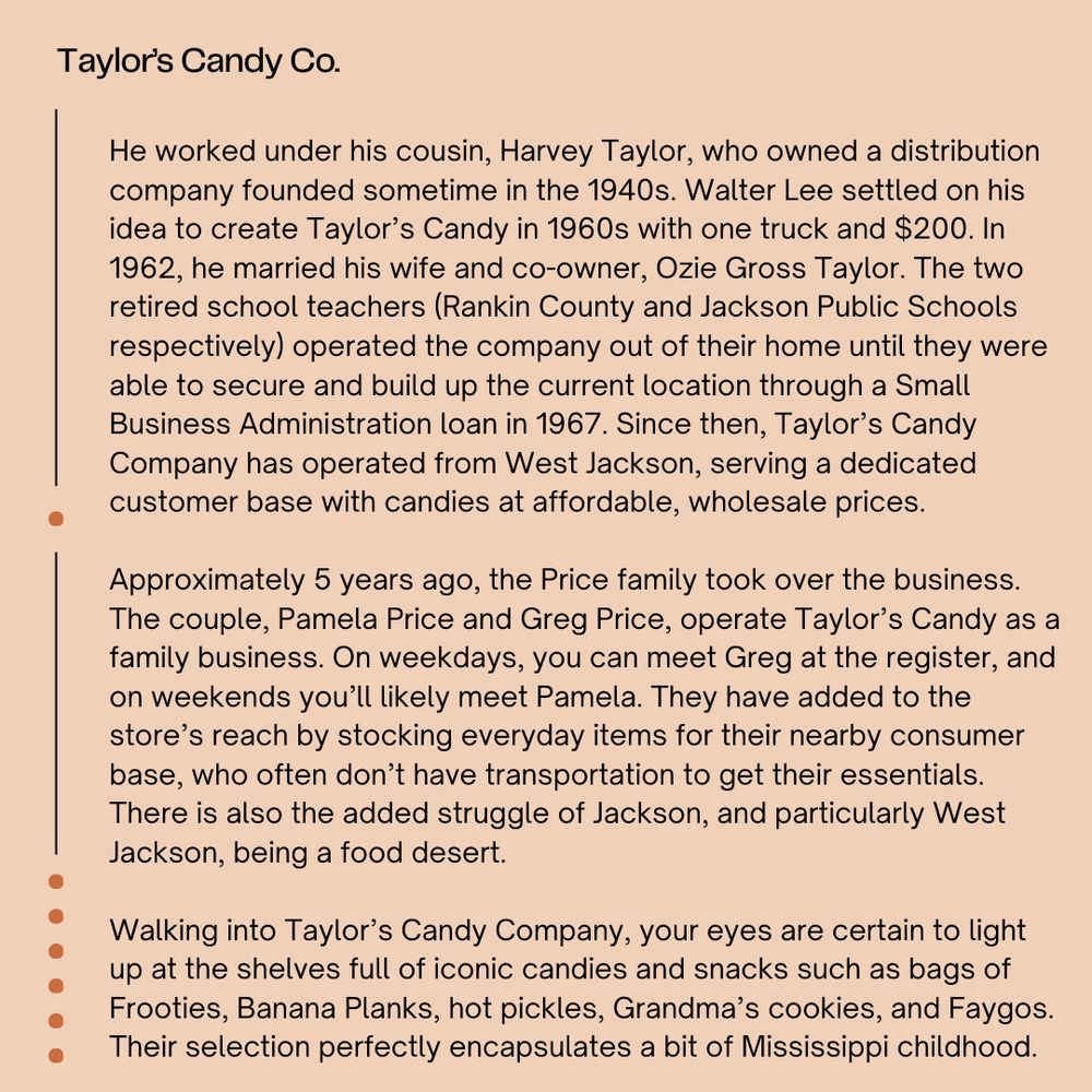 The background is light peach with black font reading "Taylor's Candy Co. He worked under his cousin, Harvey Taylor, who owned a distribution company founded sometime in the 1940s. Walter Lee settled on his idea to create Taylor’s Candy in 1960s with one truck and $200. In 1962, he married his wife and co-owner, Ozie Gross Taylor. The two retired school teachers (Rankin County and Jackson Public Schools respectively) operated the company out of their home until they were able to secure and build up the current location through a Small Business Administration loan in 1967. Since then, Taylor’s Candy Company has operated from West Jackson, serving a dedicated customer base with candies at affordable, wholesale prices. Approximately 5 years ago, the Price family took over the business. The couple, Pamela Price and Greg Price, operate Taylor’s Candy as a family business. On weekdays, you can meet Greg at the register, and on weekends you’ll likely meet Pamela. They have added to the store’s reach by stocking everyday items for their nearby consumer base, who often don’t have transportation to get their essentials. There is also the added struggle of Jackson, and particularly West Jackson, being a food desert. Walking into Taylor’s Candy Company, your eyes are certain to light up at the shelves full of iconic candies and snacks such as bags of Frooties, Banana Planks, hot pickles, Grandma’s cookies, and Faygos. Their selection perfectly encapsulates a bit of Mississippi childhood."