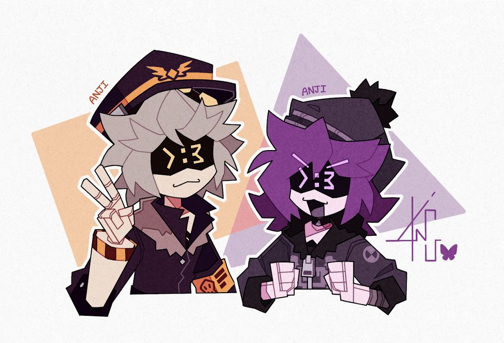 Fanart of N and Uzi doing the “>:3” face on their visors [they’re sillies]