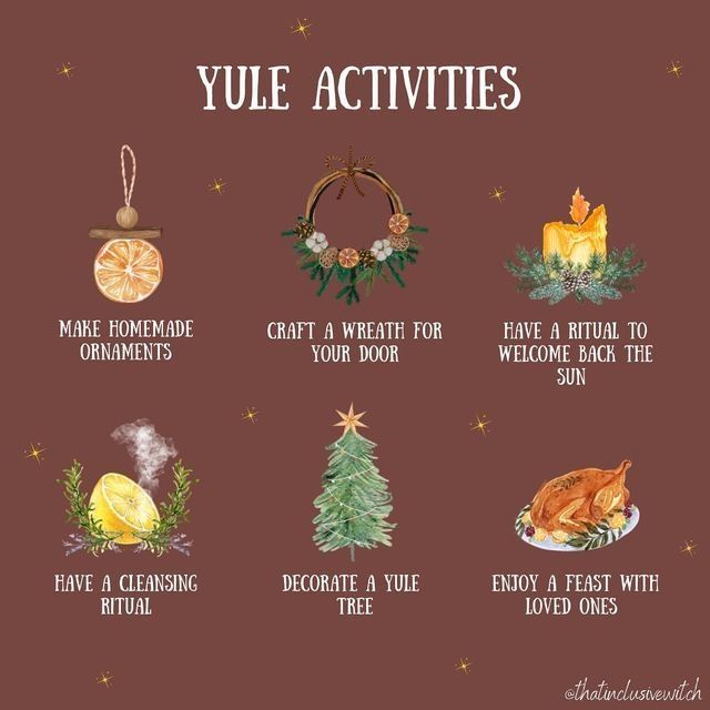 Image showing "Yule Activities" make homemade ornaments; craft a wreath for your door; have a ritual to welcome back the sun; have a cleansing ritual; decorate a yule tree; enjoy a feast with loved ones. Graphic credit to @thatinclusivewitch