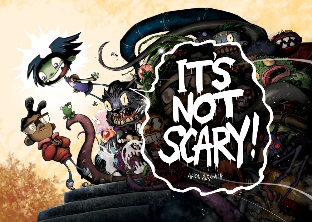 The cover of the spooky kids’ book IT’S NOT SCARY. A happy green monster kid rides a big tidal wave of creatures toward an alarmed human kid.