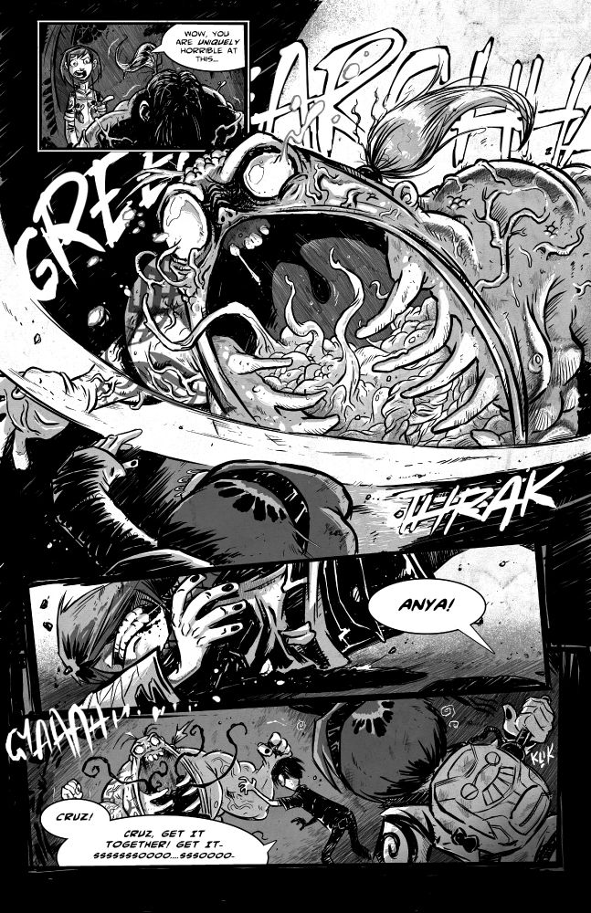 A page from the horror comic ELDRITCH! Anya tangles with a huge mutating dude. The guy’s mouth is open so wide his ribcage shows.