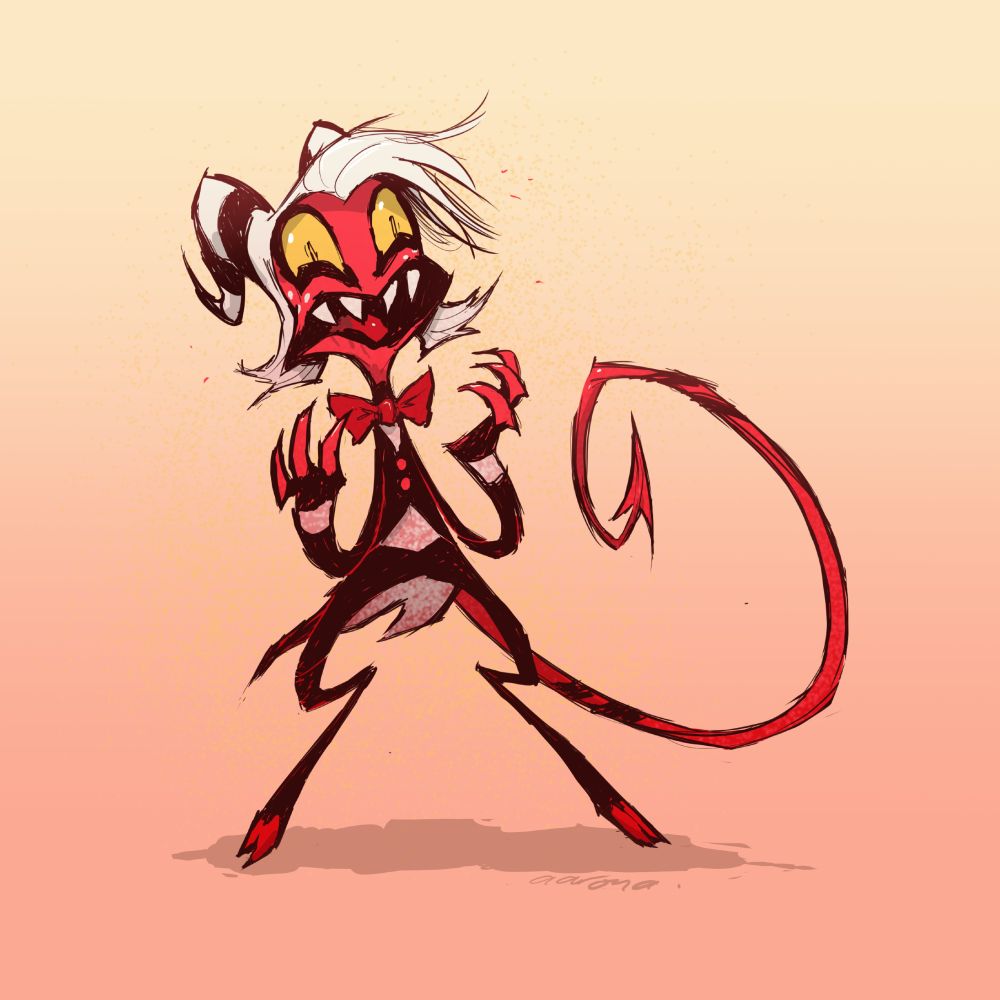 A sketch of Moxxie from the Helluva Boss animated series. He is shocked by something we can't see. Something FILTHY, I bet.