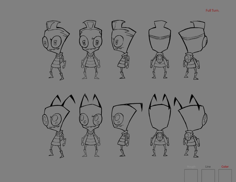A character turnaround sheet of ZIM from the Invader ZIM movie, in both his alien and human-disguised forms.