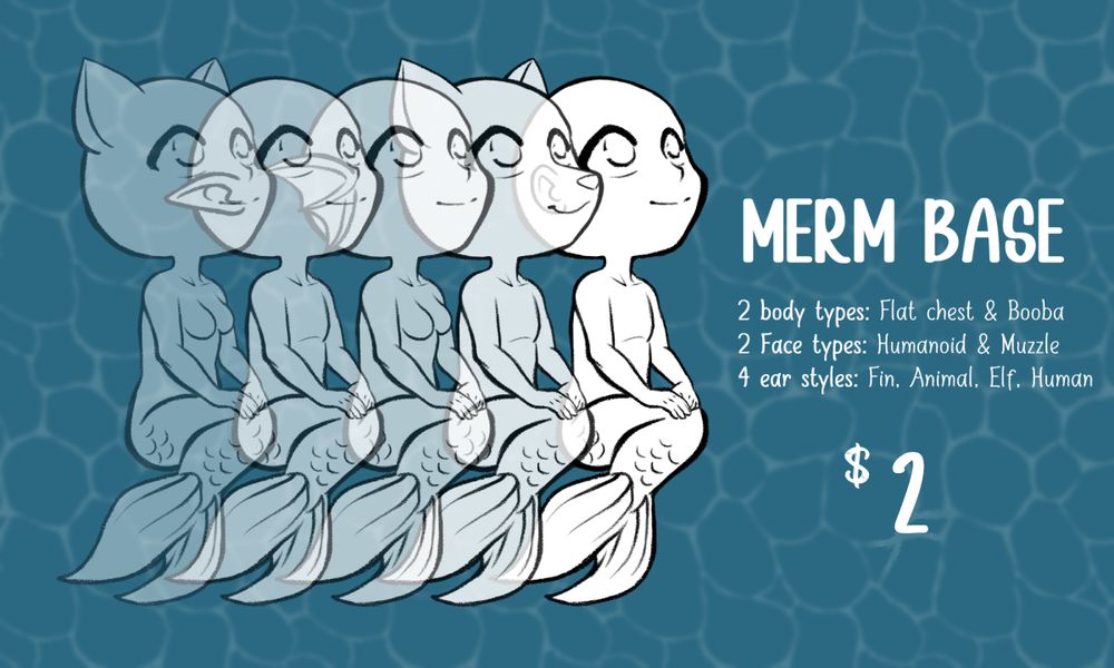 Chibi merfolk base!

$2

2 Body Types: Flat chested and Booba
2 Face Types: Humanoid and Muzzle
4 Ear Types: Fin, Elf, Animal, and Humanoid