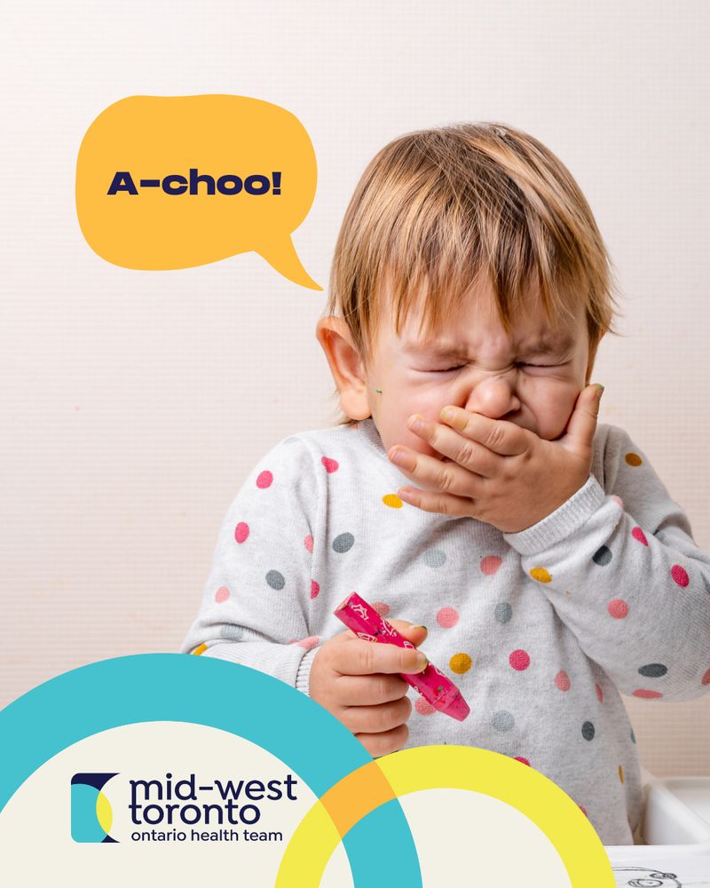 A toddler in a polka dot top is sneezing. A speech bubble says "A-choo". The MWT-OHT logo is in the bottom left corner.