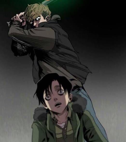 The main characters of Killing Stalking. One man is about to beat the other