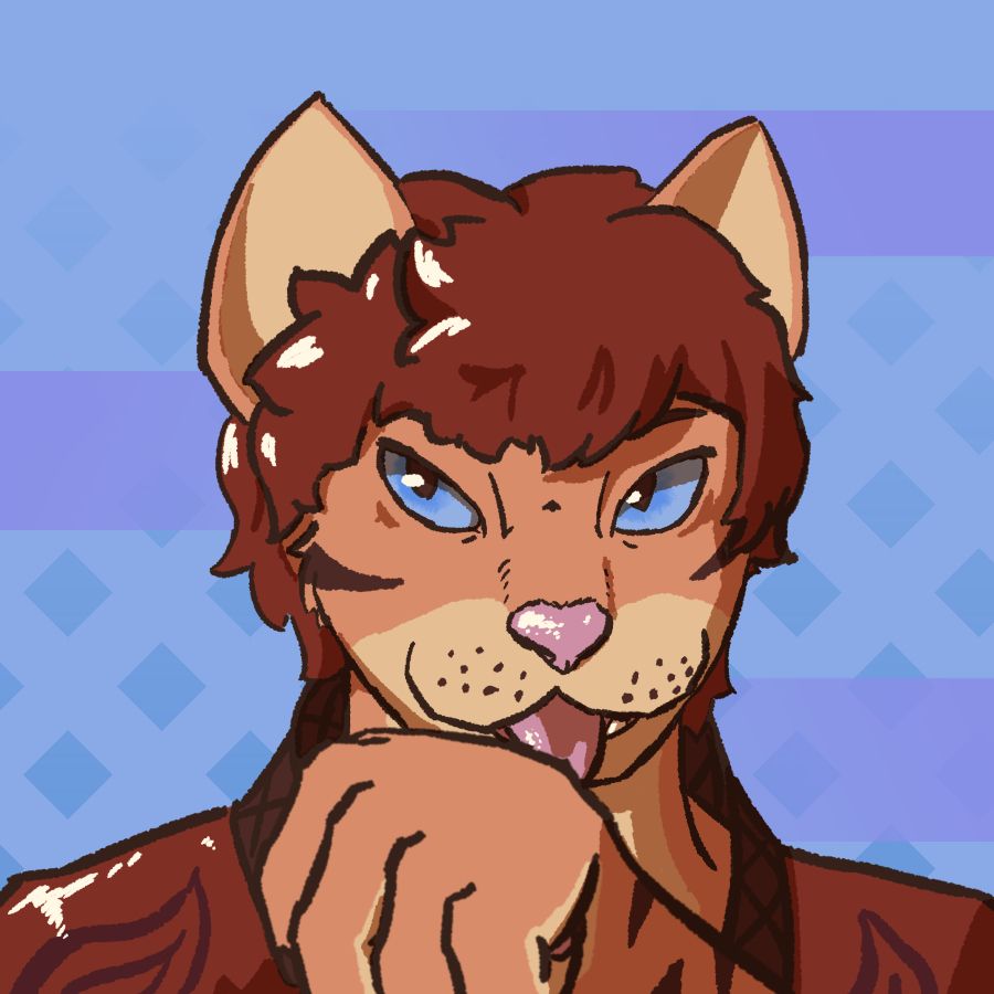 Cel-shaded portrait of an anthropomorphic orange cat with blue, narrowed eyes licking his paw and wearing a rust-colored robe.