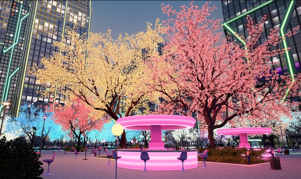 Colorful glowing trees in a procedural city