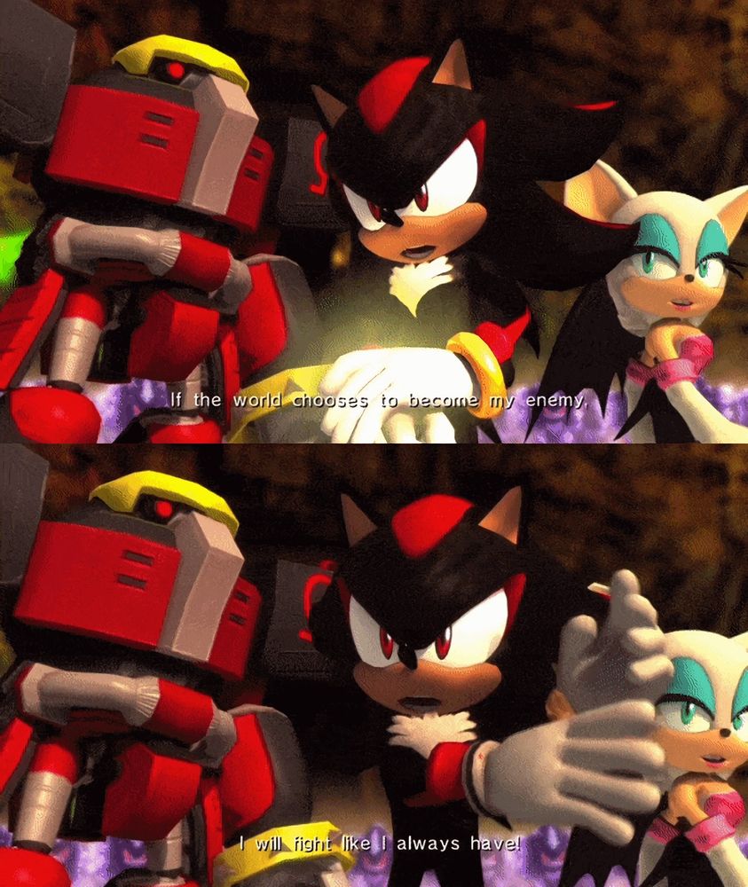 Screenshot from Sonic the Hedgehog (2006), in which Shadow says: "If the world chooses to become my enemy, I will fight like I always have!"