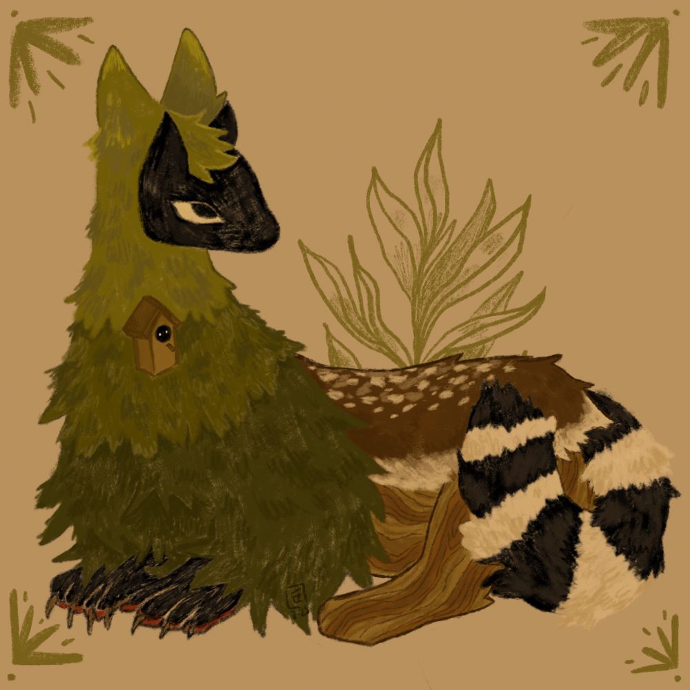 Digital drawing of a whimsical creature who has a feline black head with horns, a spruce bust, a deer's body, wooden hind legs and a raccoon's tail.